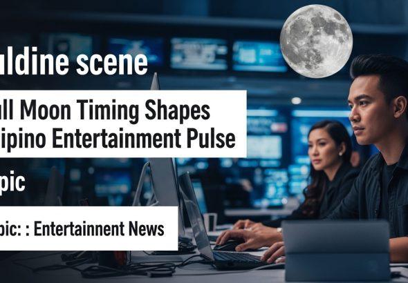 Full moon over a Philippine city at night with entertainment venues and silhouettes of people gathering.