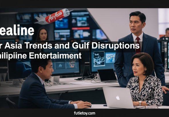 Editorial-style airport scene with AirAsia branding and a view of a Philippine city skyline.