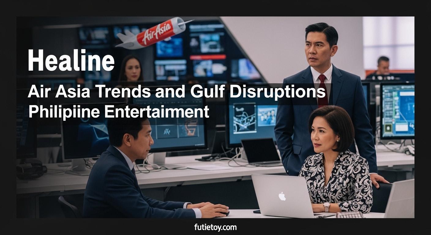 Editorial-style airport scene with AirAsia branding and a view of a Philippine city skyline.