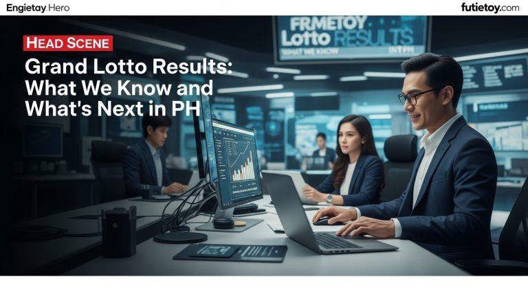 Infographic depicting Grand Lotto results with Philippine map and update banner