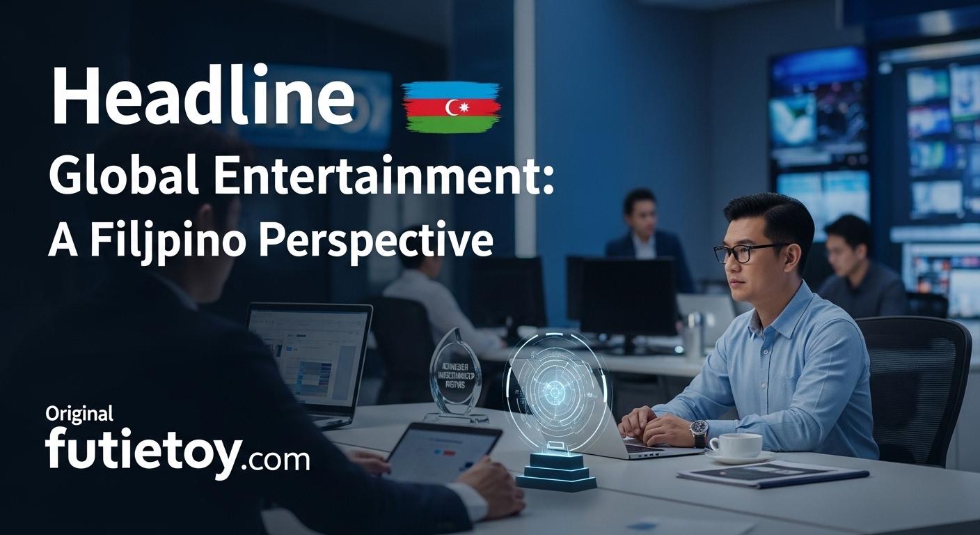Cinematic collage showing Azerbaijan flag colors and global entertainment icons over a news background.