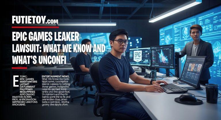 Newsroom illustration showing Fortnite, legal scales, and Epic Games branding.