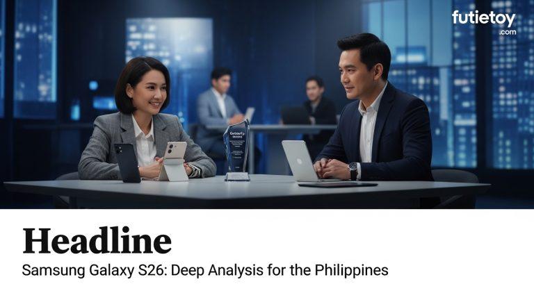 Editorial collage showing Samsung Galaxy S26 with Philippine market context and charts