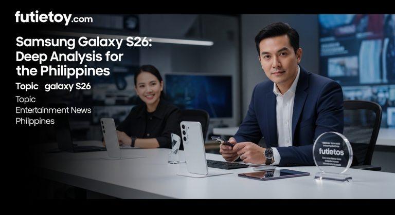 Editorial collage showing Samsung Galaxy S26 with Philippine market context and charts