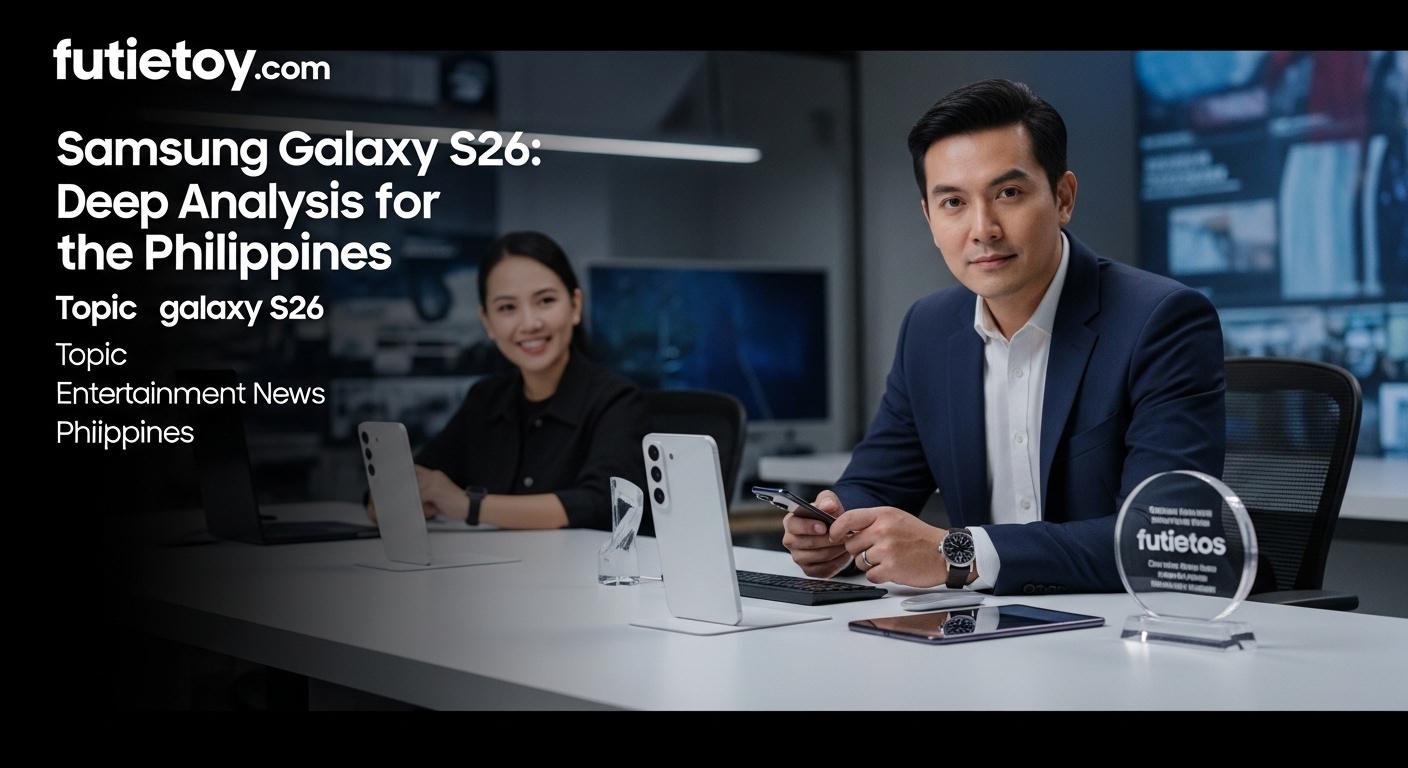 Editorial collage showing Samsung Galaxy S26 with Philippine market context and charts